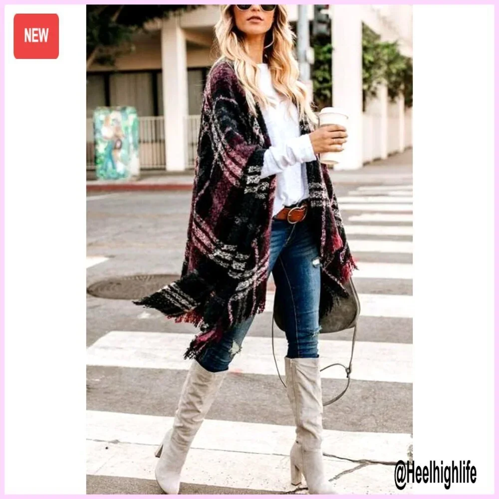 Oversized Knitted Poncho Cardigan Shawl Wrap Open Front Tassel